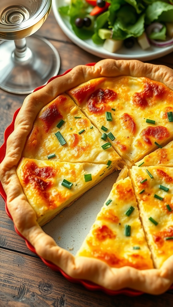A slice of four-cheese quiche on a rustic table, showcasing a flaky crust and creamy cheesy filling, garnished with chives.